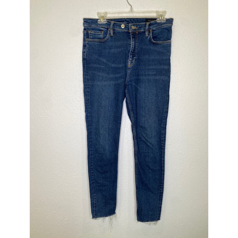 All Saints Roxanne Dark Blue Denim Stretch Ankle Raw Hem Jeans Sz 31 Slim Skinny